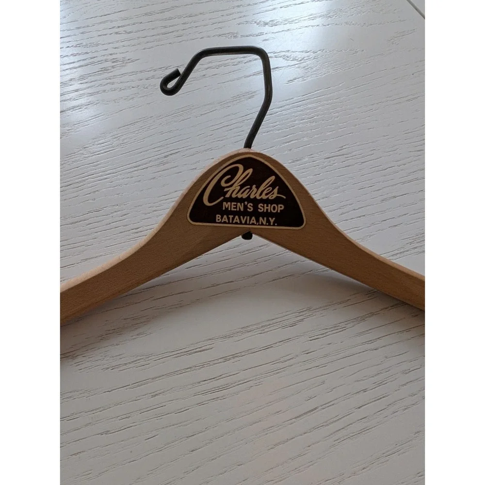 Vintage Advertising Wooden Wood Clothes Hanger, Charles Mens Shop, Batavia,‎ NY